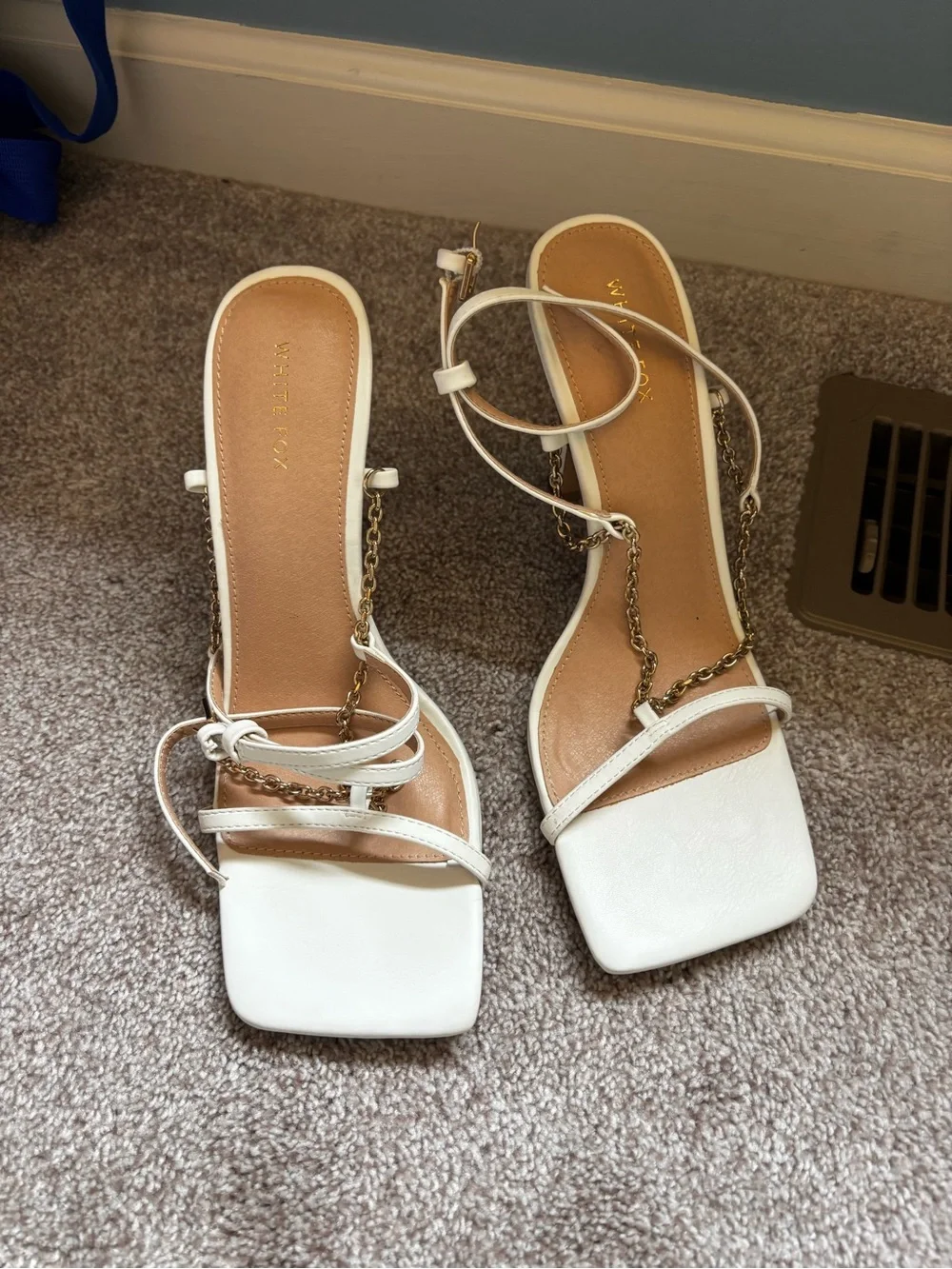 White Fox White Strappy Chain-Accent Heeled Sandals